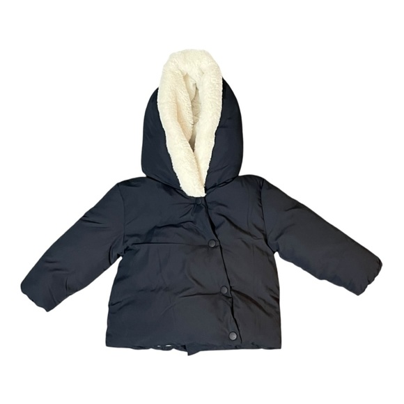 MNG Baby Coat Jacket Size 18-24 Months Navy Blue Cream Snap Front - Picture 1 of 5
